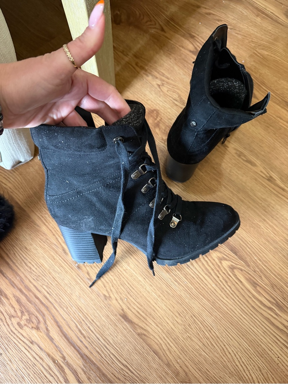 Black Suede Lace-Up Chunky Heel Ankle Boots - Women